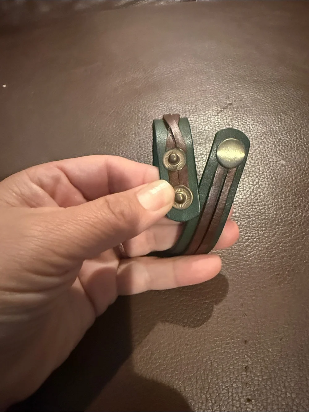 Handmade Green and Brown Leather Triple-Strand Bracelet with Celtic Medallion